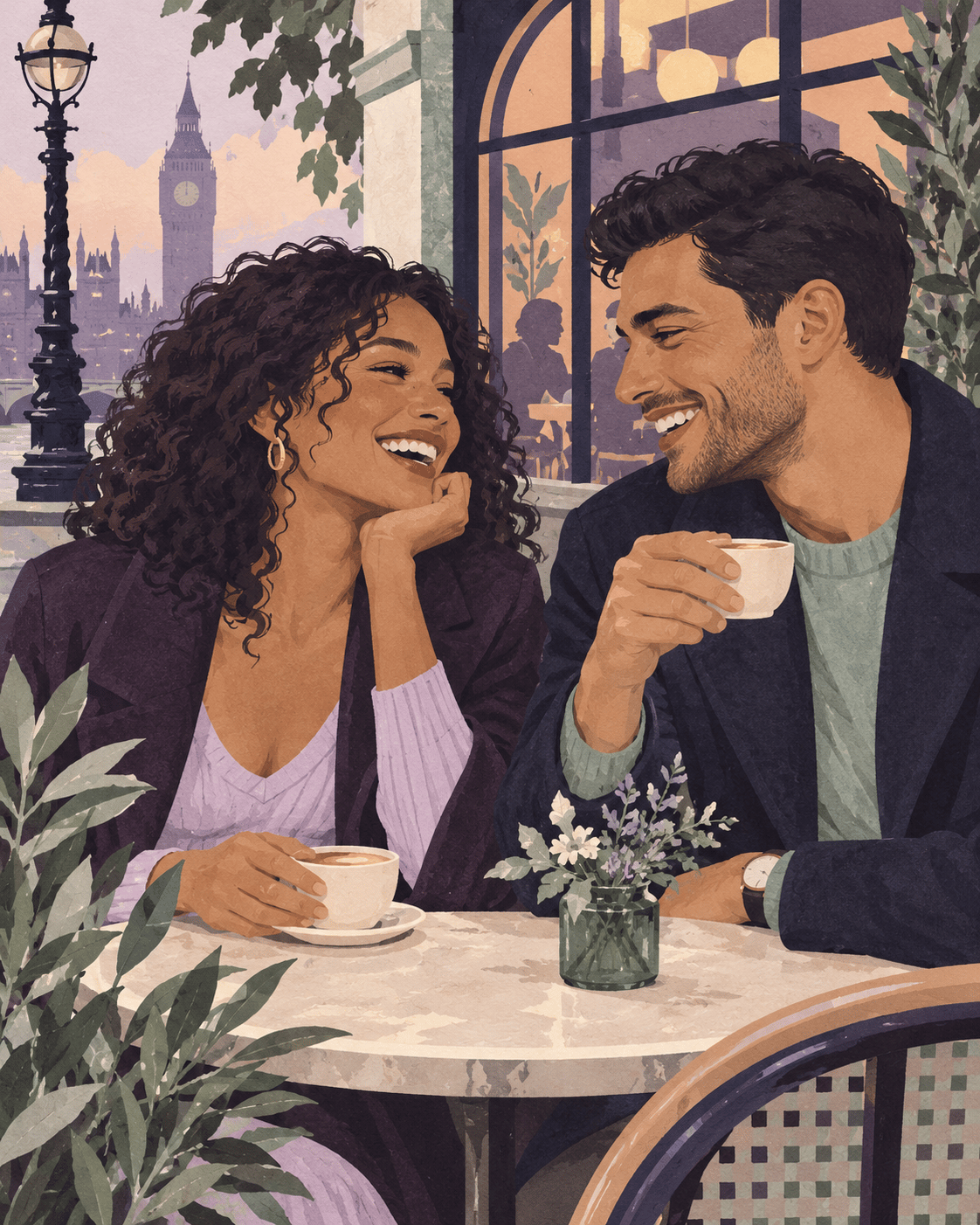 Illustration of two adults laughing over coffee at a café